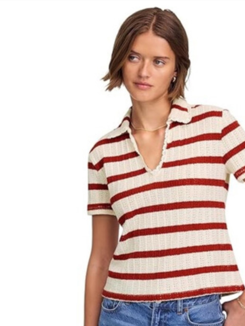 Polo Madewell Bali Polo Shirt Women's Red Striped Crochet Short Sleeve GBO1269